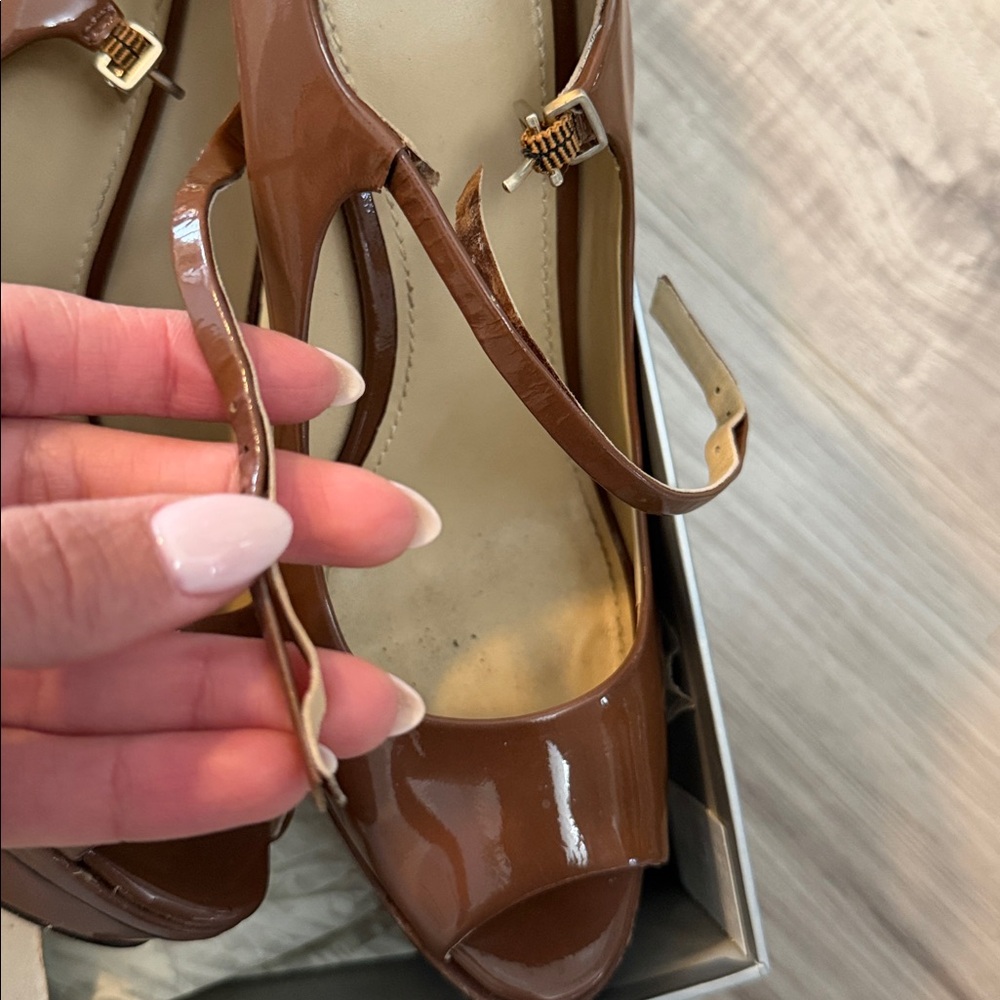 Brian Atwood Patent Leather Brown Peep Toe Heels - Picture 8 of 9